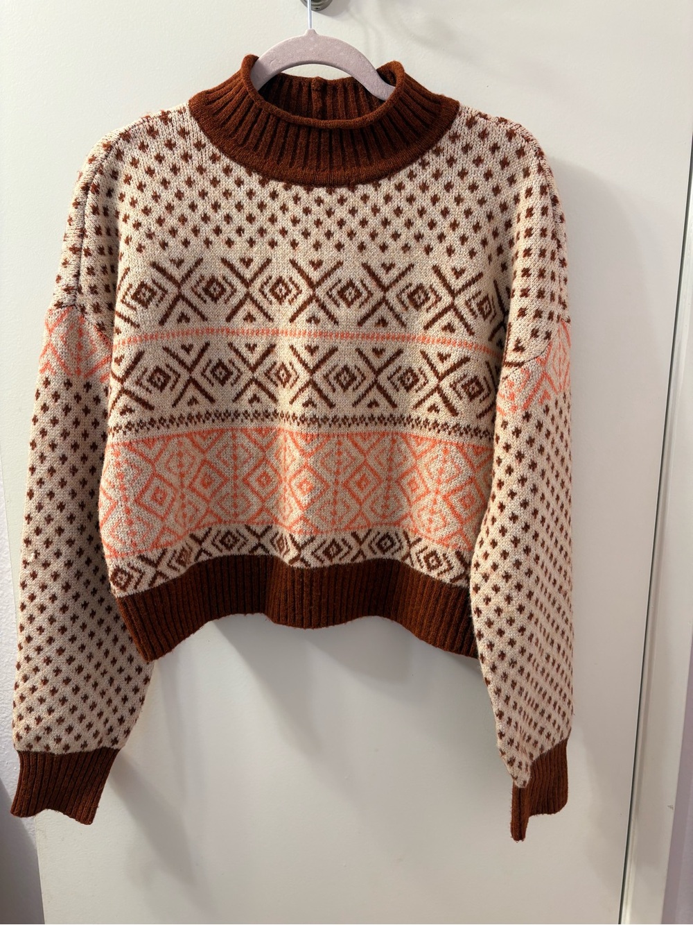 American Age Cream, Brown & Peach Patterned Turtleneck Sweater